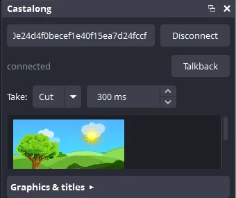 The native Castalong control dock in OBS: connected, with a live guest thumbnail, take controls and talkback