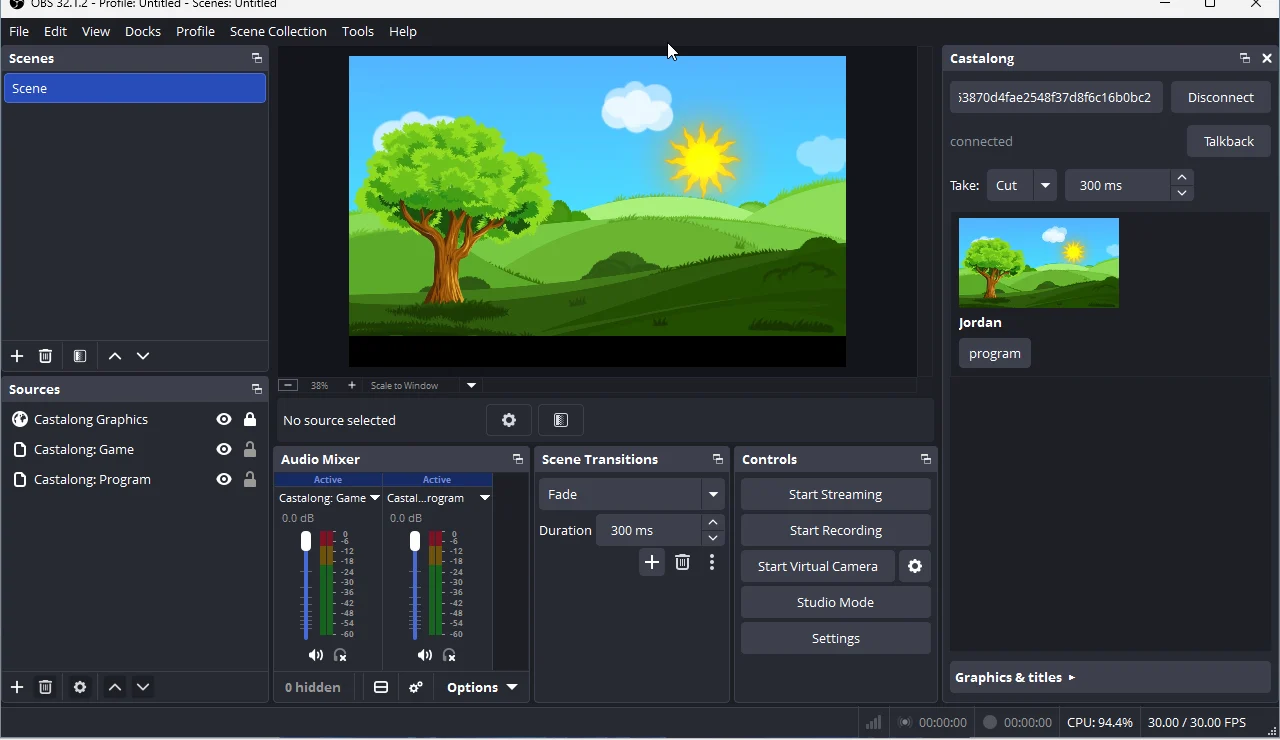OBS Studio with Castalong: a guest live in the program output and the native Castalong control dock on the right
