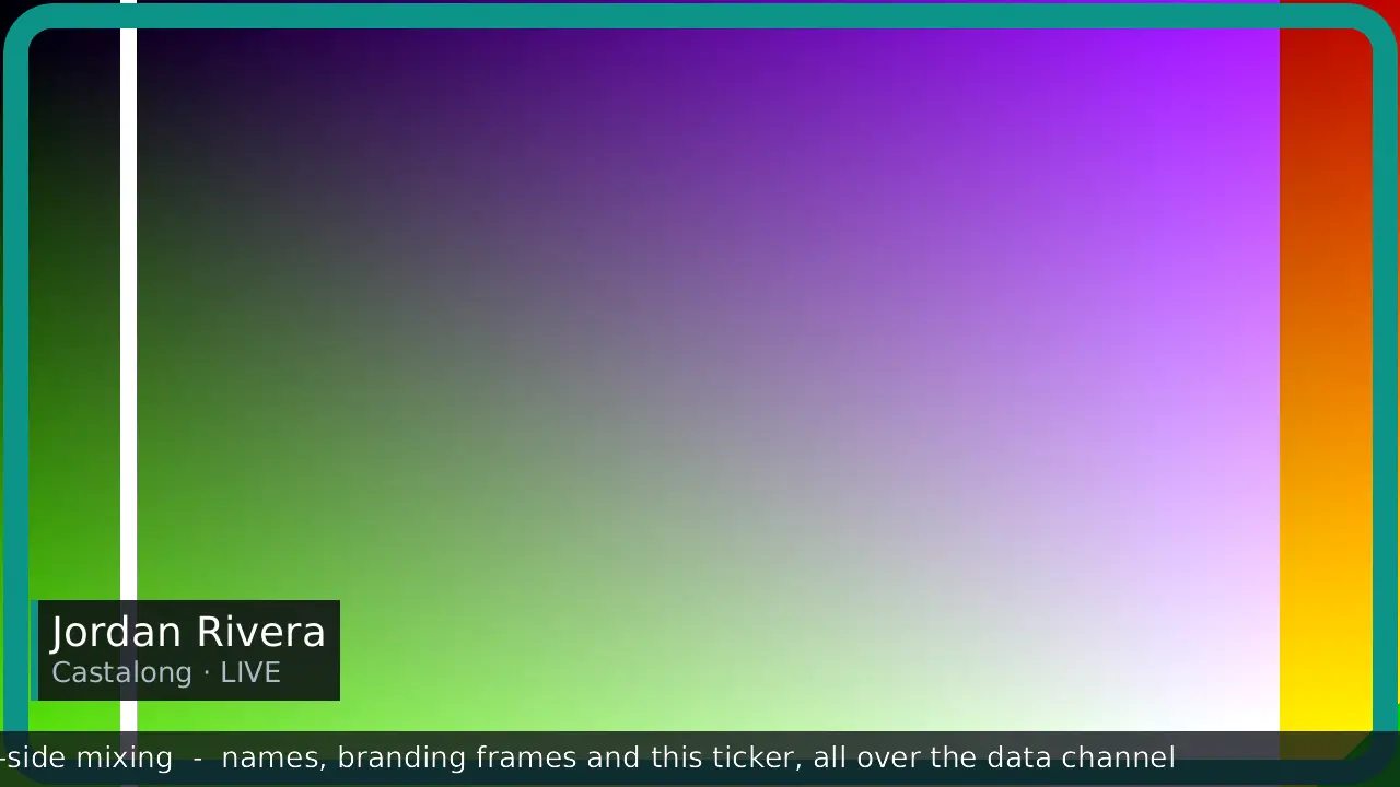 A guest's live video with Castalong overlays composited on: a branding frame around the webcam, a name lower-third, and a scrolling ticker