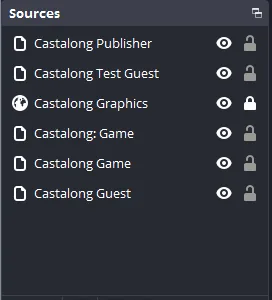 OBS sources list with native Castalong sources: Publisher, Test Guest, Graphics, Game and Guest